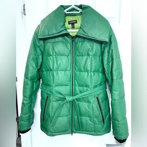 Danier Down Filled Genuine Leather Puffer Coat w/ Waist Tie